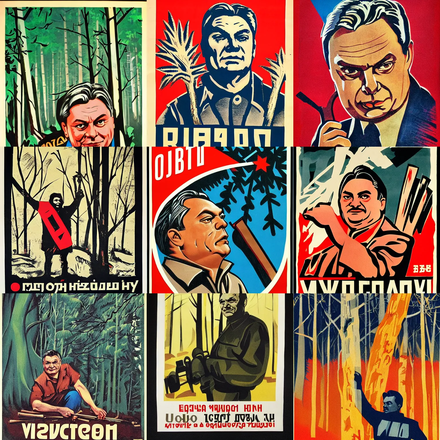 Prompt: soviet propaganda poster of viktor orban revolution in a forest, highly detailed face, holding wood saw