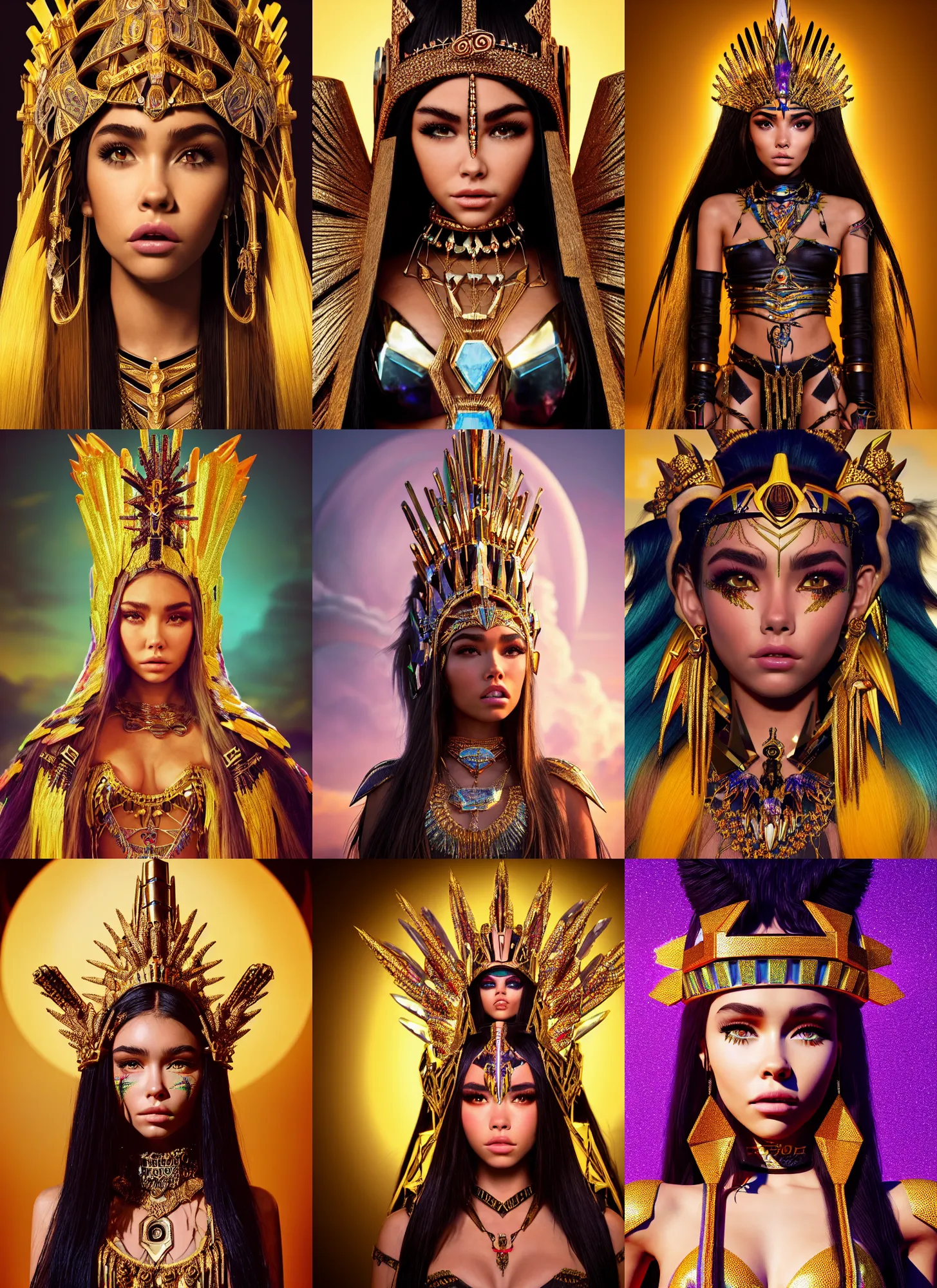 Prompt: madison beer as edm aztec queen | jewelry | glamorous oily soft polished rich alluring ornate modern | weta disney pixar movie still photo | hi - fructose, sci fi fantasy, golden ratio, smooth, octane render, sharp focus, artstation, concept art | beeple, rhads, rutkowski, artgerm, mucha, wlop, loish |