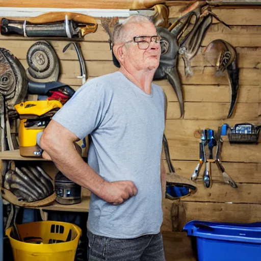 Prompt: mollusk man, posing in his garage, detailed photo