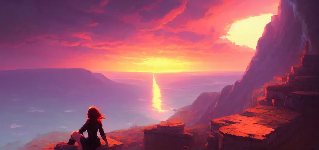 Image similar to a woman sitting on a cliff, burning city in the distance, dramatic sunset, by ilya kuvshinov, krenz cushart, Greg Rutkowski, trending on artstation