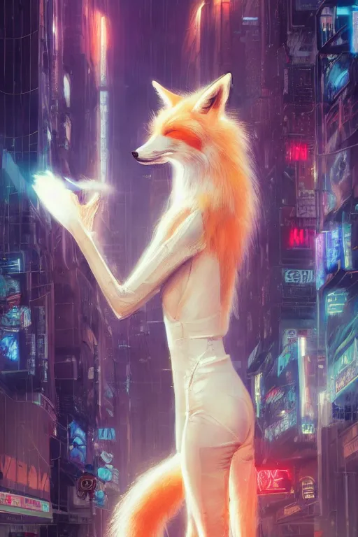 Image similar to beautiful portrait of a tall white female anthro fox smoking a cigarette towering head and shoulders above the bustling crowd of a rainy city street around her, sci fi bodysuit, cyberpunk, harsh neon lights, highly detailed, sharp focus, digital painting, illustration, trending on artstation, art by sakimichan, wlop, greg rutkowski