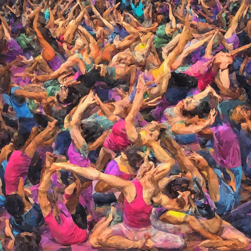 Image similar to chaotic yoga fitness teacher, expressive, hyperrealism, photorealistic