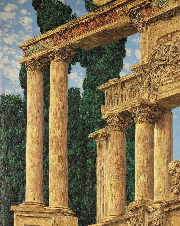 Prompt: achingly beautiful painting of intricate ancient roman corinthian capital on multicolored background by rene magritte, monet, and turner. giovanni battista piranesi.