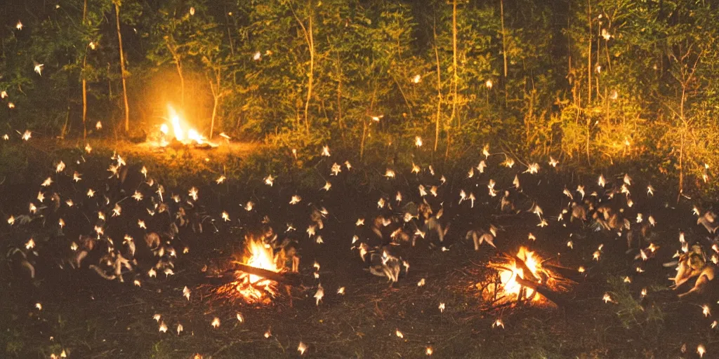 Image similar to a group of racoons sitting around a campfire in the middle of the forest, surrounded by fireflies. photograph