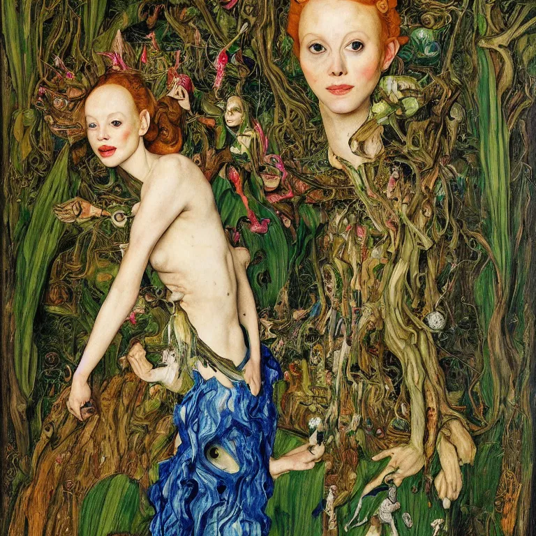 Image similar to a grinning dryad girl, who looks like a cybernetic alien stands pround in the middle of a river valley. around her are tropical birds and orchids and she is wearing an iris van herpen dress. painted by jan van eyck, egon schiele and max ernst, trending on artstation, 8 k, award winning, high octane