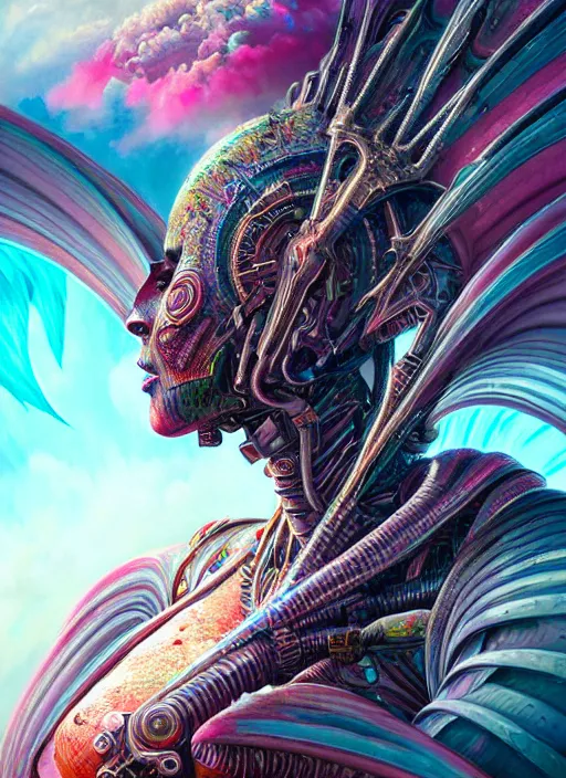 Image similar to hyper detailed ultra sharp of a goddesscore slutpunk biocore overcrowded flying island city trending on artstation, warpaint aesthetic, earthwave, colorful, psychedelic, ornate, intricate, digital painting, concept art, smooth, sharp focus, illustration, art by artgerm and greg rutkowski and h. r. giger, 8 k