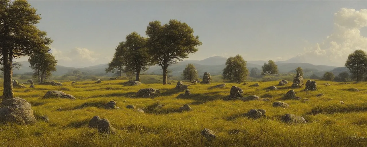 Image similar to a high hill meadow landscape with four tall stones on the top forming a circle, by ted nasmith