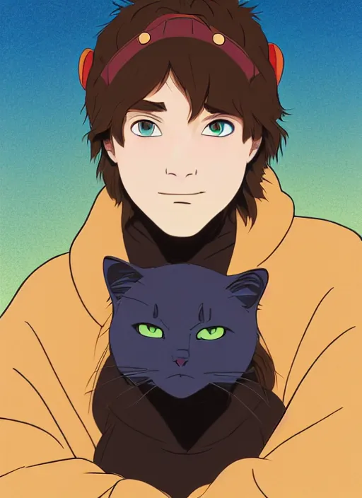 Image similar to teen boy with brown hair and big blue eyes, wearing a black hoodie with cat ears on top of it, natural lighting, path traced, highly detailed, high quality, cartoon, digital painting, by don bluth and ross tran and studio ghibli and alphonse mucha