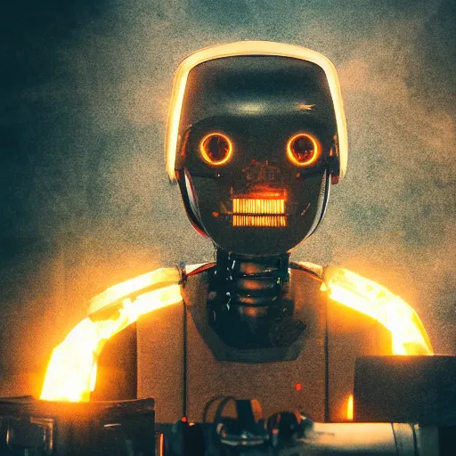 Image similar to toaster oven terminator robot, dark messy smoke - filled cluttered workshop, dark, dramatic lighting, orange tint, sparks, cinematic, highly detailed, sci - fi, futuristic, movie still