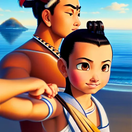 Image similar to beautiful serene intricate portrait of sokka and suki taking a selfie, smiling softly, relaxing on the beach, golden hour, soft focus, 8 k, art by irakli nadar, hyperrealism, hyperdetailed, ultra realistic