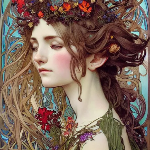 Prompt: realistic detailed face portrait of a beautiful young forest elf with elaborate spreading antlers and wilflowers in her hair by Alphonse Mucha, Ayami Kojima, Amano, Charlie Bowater, Karol Bak, Greg Hildebrandt, Jean Delville, and Mark Brooks, Art Nouveau, Neo-Gothic, gothic, rich deep moody colors