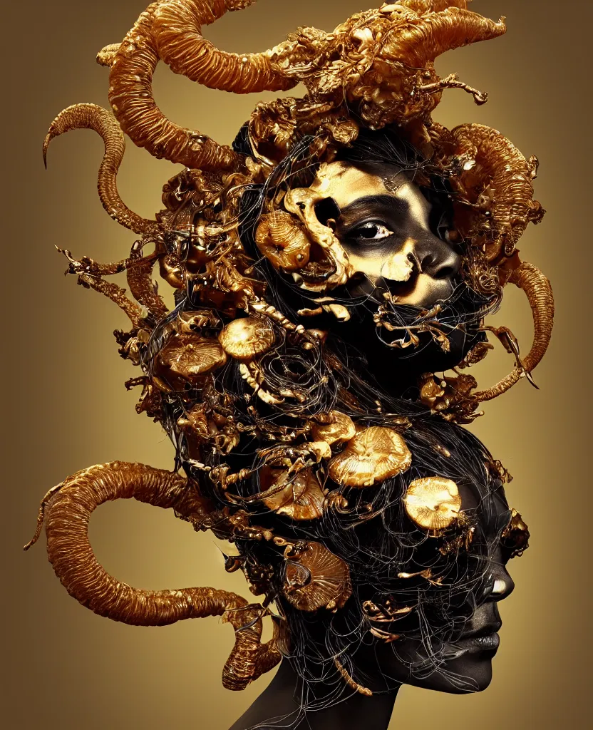 Image similar to black background. goddess princess face close-up portrait ram skull. sculpture made of gold and brilliants. jellyfish phoenix head, nautilus, orchid, skull, betta fish, bioluminiscent creatures, intricate artwork by Tooth Wu and wlop and beeple. octane render, trending on artstation, greg rutkowski very coherent symmetrical artwork. cinematic, hyper realism, high detail, octane render, 8k