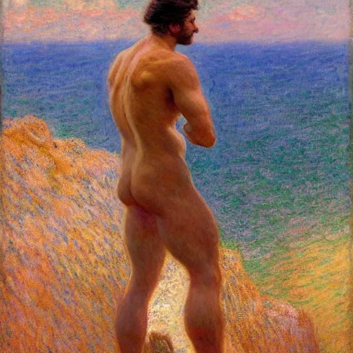 Image similar to an attractive male standing on a cliff, clothed!, looking out at the ocean, by gaston bussiere, craig mullins, j. c. leyendecker, claude monet