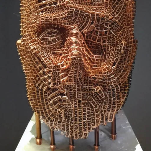 Image similar to a portrait of a man made entirely with copper pipes and tubes, realistic