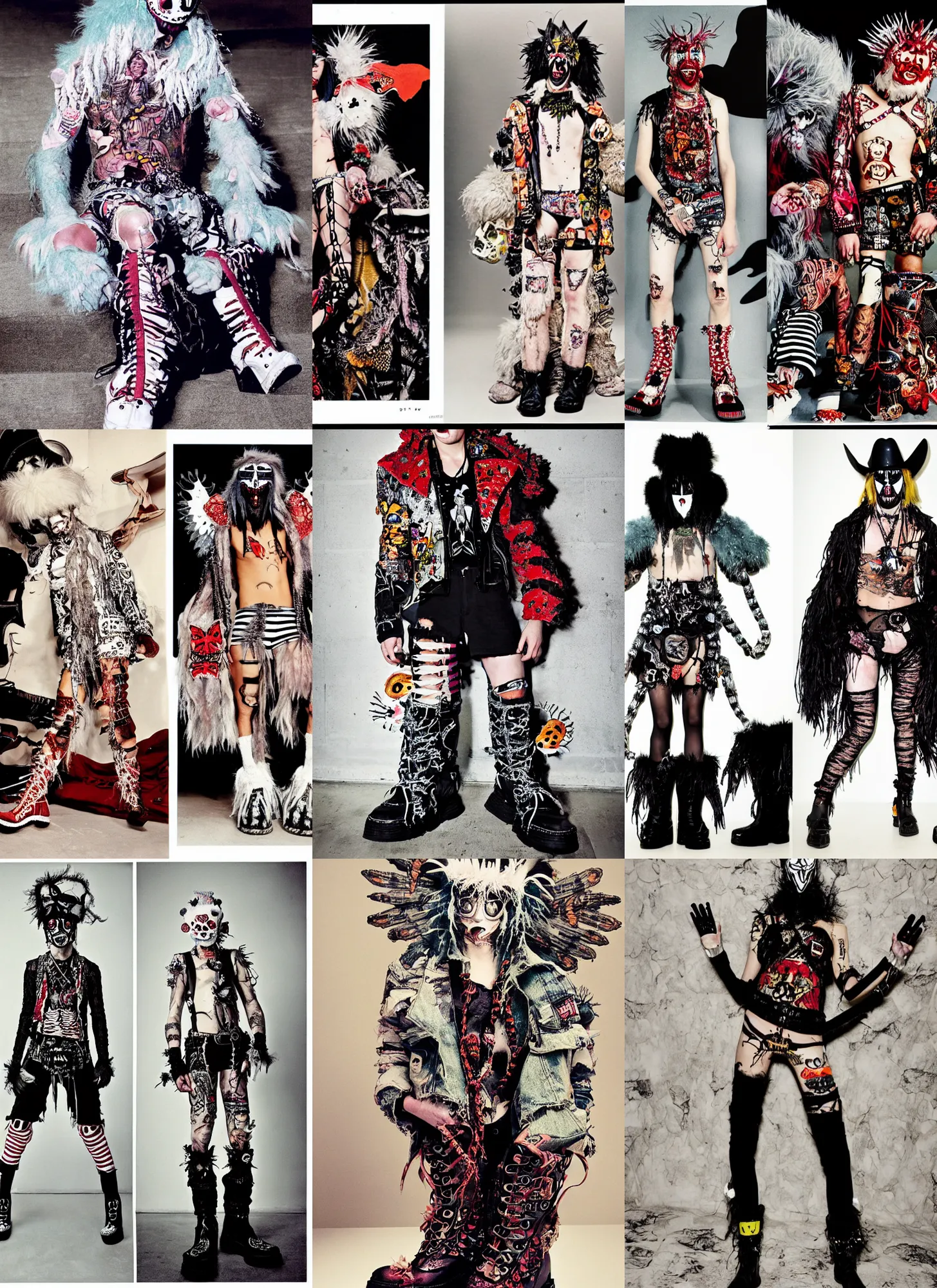 Prompt: photo of lace monster butterfly cowboy eye patch wearing ripped up dirty Swear kiss monster teeth yeti platform boots in the style of Walter Van Beirendonck W&LT by 1990's FRUiTS magazine by Shoichi Aoki in the style of 20471120 by Jean Paul Gaultier in the style of Ed Hardy by Von Dutch by Christopher Nemeth in the style of Harajuku stret style japan and in the style Rammellzee by Insane Clown Posse in the style of Ai Yazawa's Nana by CyberDog and emo scene style by Ryan Trecartin in the style of Dorian Electra by Rick Owens by Jun Takahashi in a dirty dark dark dark poorly lit bedroom full of trash and garbage server racks and cables everywhere in the style of Juergen Teller in the style of Shoichi Aoki, japanese street fashion, KEROUAC magazine,, Milk Bar Magazine, Vivienne Westwood, y2K aesthetic