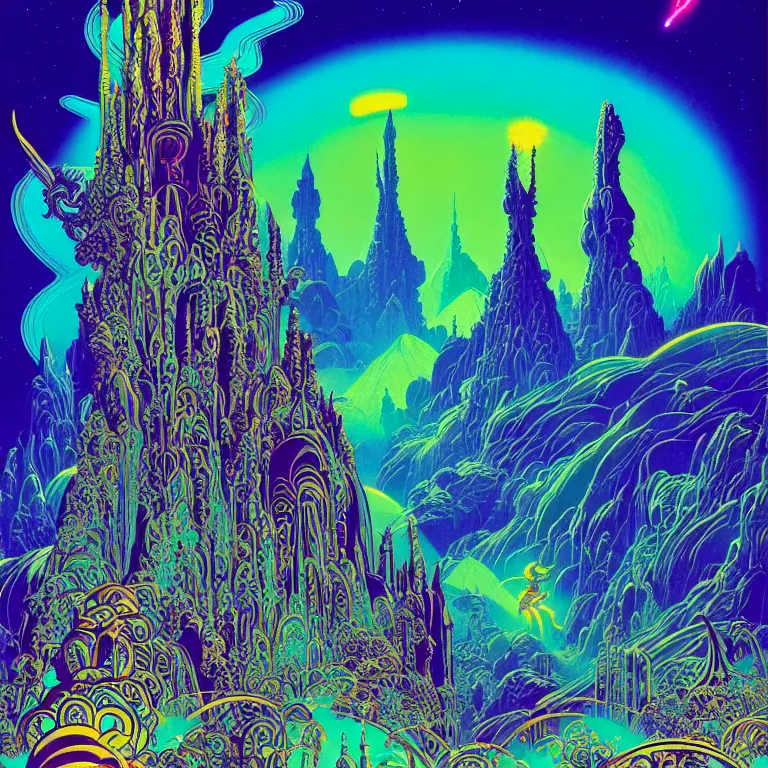 Image similar to mysterious rocket hovers over mythical crystal temple, psychedelic waves, synthwave, bright neon colors, highly detailed, cinematic, eyvind earle, tim white, philippe druillet, roger dean, ernst haeckel, lisa frank, aubrey beardsley