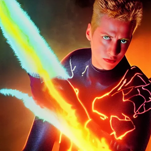 Image similar to a colourful lighting, autochrome image of Rudy Pankow as Johnny storm from fantastic four, 4K, photoreal, highly detailed.