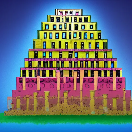 Prompt: a simplified, stylized version of the Tower of Babel, colorful