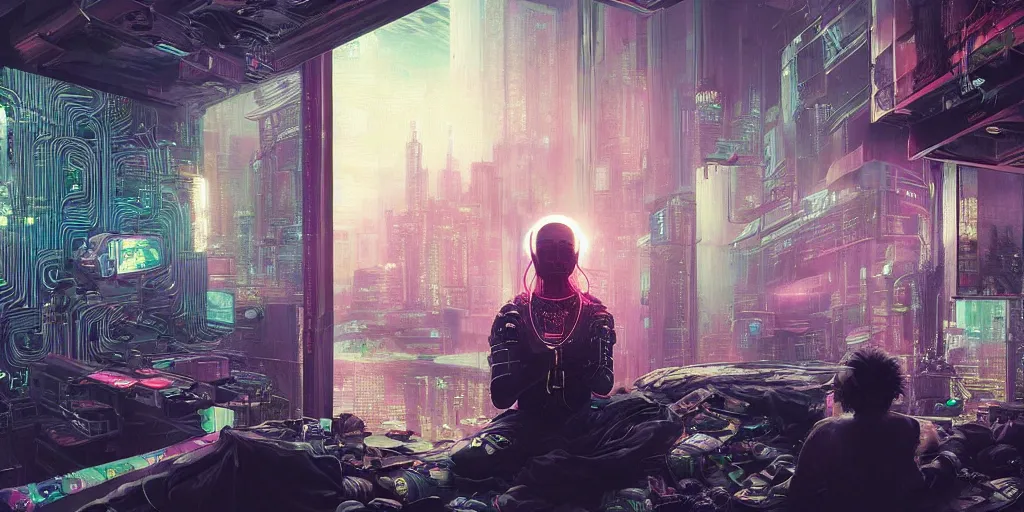 Prompt: a portrait of a meditator, cyberpunk, eeg nodes on scalp, thousands of screens, cinematic, cinema, amazing detail, incredible utopian atmosphere, lush, by moebius and mohrbacher