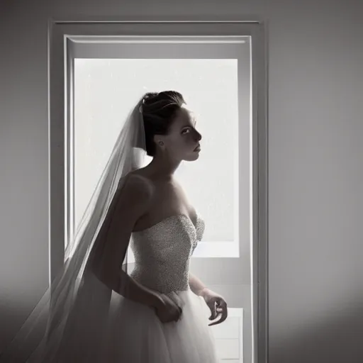 Image similar to Photorealistic portrait of a woman model wearing a wedding veil, looking out the window, dramatic lighting, 55mm