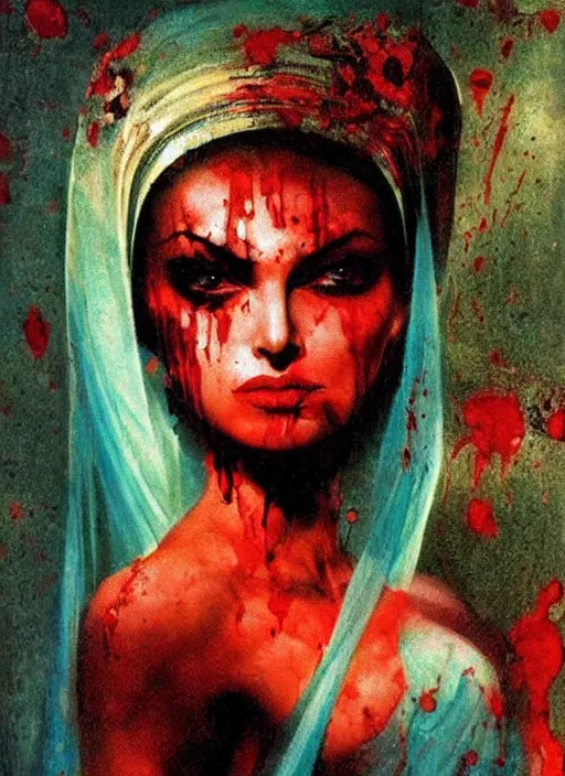 Prompt: portrait of bald iranian vampiress, jeweled veil, strong line, saturated color, beautiful! coherent! by frank frazetta, high contrast, blood splatter background