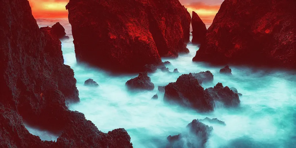 Image similar to beautifully hellish seascape photography by carr clifton, by galen rowell # film kodak ektar 8 k resolution ; night on a fantasy world, concept art by daniel lieske, by dan witz 8 k 3 d 1 6 k,