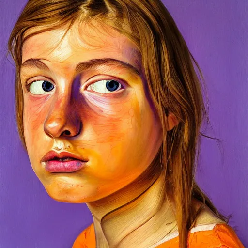 Prompt: high quality high detail painting by lucian freud, hd, beautiful young girl portrait, orange and violet, photorealistic lighting