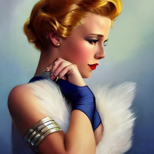 Prompt: a beautiful pin - up portrait of a beautiful cute superhero woman, blonde hair, matte navy - blue bodysuit, white cape, intricate, elegant, 8 k, highly detailed, digital painting, concept art, smooth, sharp focus, illustration, by norman rockwell and artgerm and loish and wlop and alphonse mucha