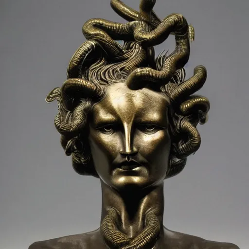 Prompt: medusa sculpted by szukalski and Arno Breker, black bronze,