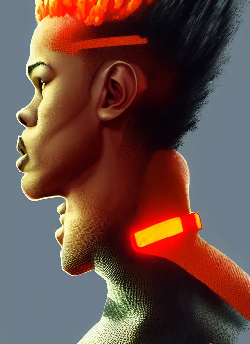 Prompt: full body side profile of a young black man with a mohawk wearing futuristic techwear, highly detailed clothing, angular jawline, digital painting, artstation, concept art, smooth, sharp focus, glowing orange light, digital illustration, art by wlop, uang guangjian and gil elvgren and sachin teng and greg rutkowski