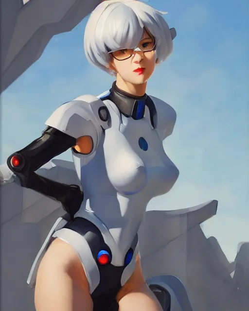 Image similar to greg manchess portrait painting of rei ayanami as an overwatch character, medium shot, asymmetrical, profile picture, organic painting, sunny day, matte painting, bold shapes, hard edges, street art, trending on artstation, by huang guangjian and gil elvgren and sachin teng