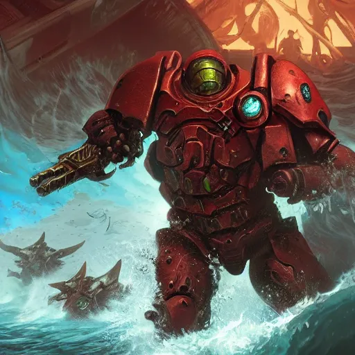 Image similar to Doomslayer fighting ocean demons, artstation, high detail