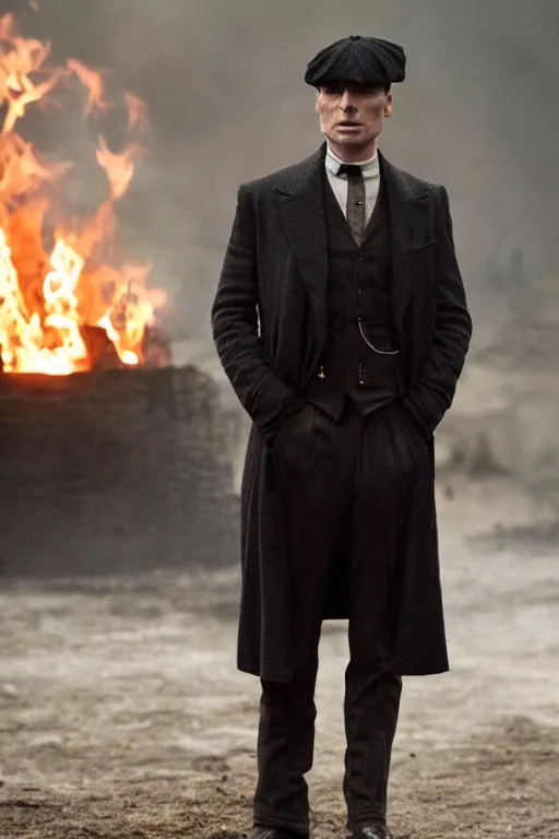 Prompt: Full-body portrait of Cillian Murphy in Peaky Blinders standing, fire in the background, dramatic, gloomy, dark, bleak, cheerless, desolate, impressive, tragic, cinematic, dull colours, dark colour scheme, atmospheric, high quality, bad vibes