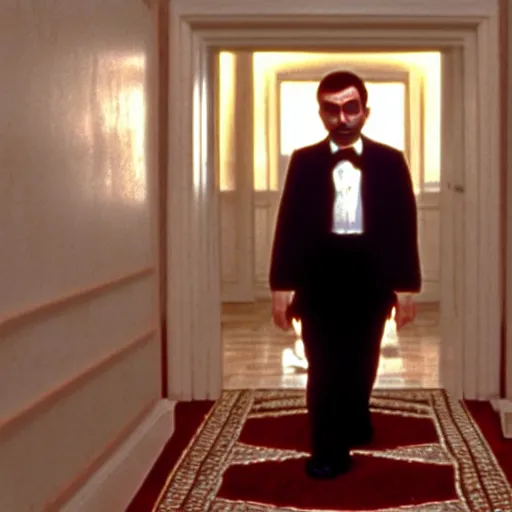 Image similar to mr bean in the shining, movie still, cinematography, cinematic lighting