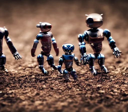 Prompt: miniature figurines of robot monsters, close up, detail, tilt shift, product photography