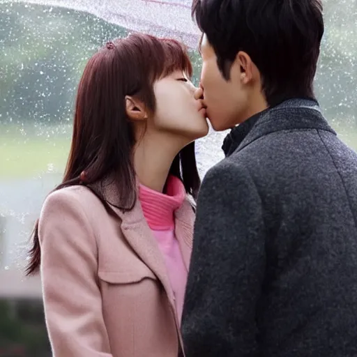 Prompt: A romantic couple from a Korean drama kissing in the rain crash landing in your heart, cover, real life