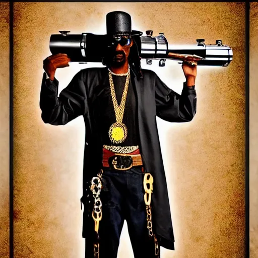 Prompt: digital photo of snoop dogg as black cowboy toting massive minigun steampunk western by