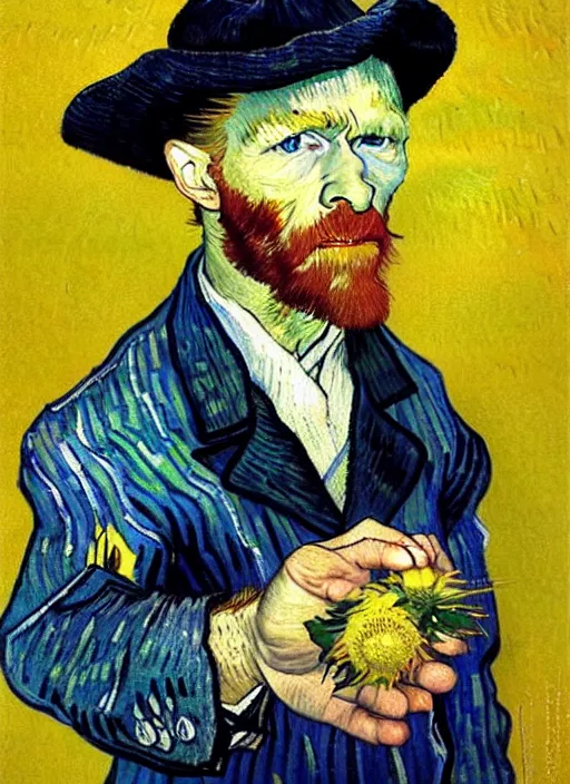 Image similar to hyper realistic vincent van gogh holding a flower drawn by chiara bautista and norman rockwell and greg rutkowski weta studio, and lucasfilm