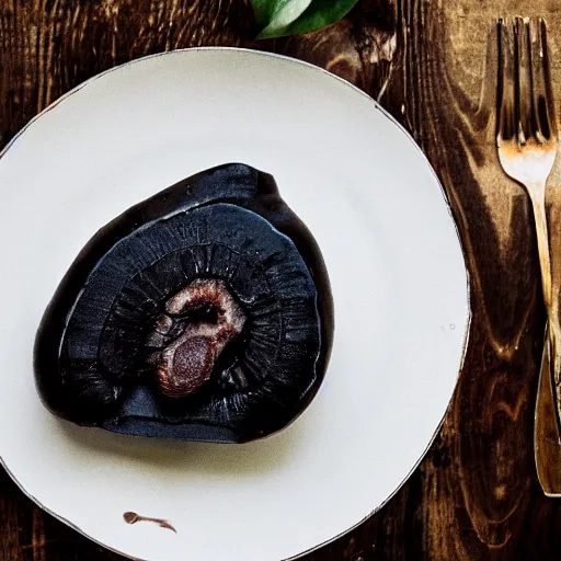 Prompt: photo of a delicious black banana on a plate on the table of a rustic farmhouse in cornwall