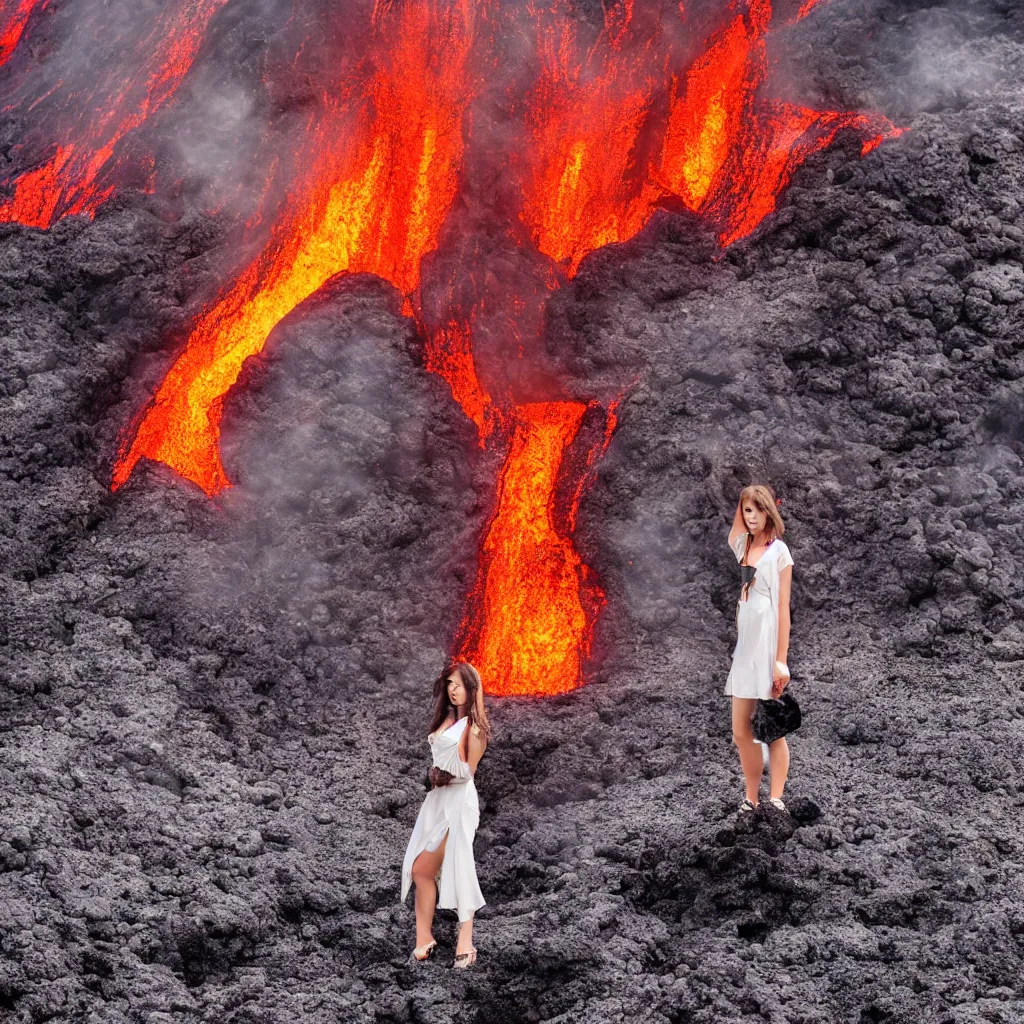 Image similar to fashion portrait in erupting volcano lava. wide angle shot. highly detailed.