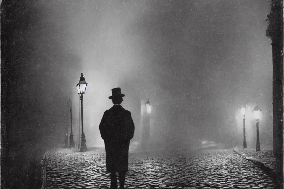 Image similar to wet plate photograph, august strindberg waking alone at night along cobblestone street in vienna, night time, alone, lamplight, victorian era, depth of field, very detailed, fog, highly accurate, intricate