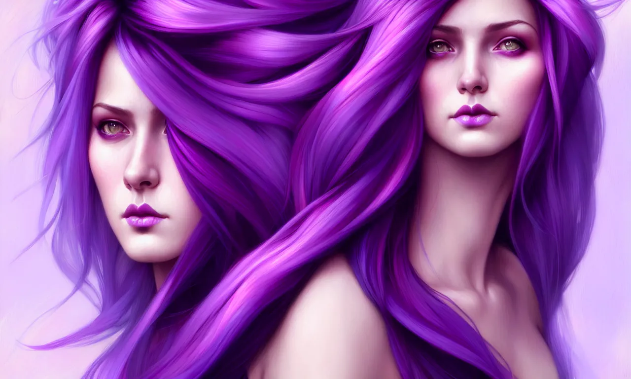 Image similar to Purple hair relistic Portrait of a woman with bright colored flying hair, all shades of purple. Beauty face, Hair coloring, fantasy, intricate, elegant, highly detailed, digital painting, artstation, concept art, smooth, sharp focus, illustration, art by artgerm and greg rutkowski and alphonse mucha