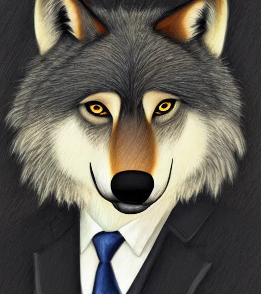 Image similar to master furry artist colored pencil drawing portrait of the anthro male anthropomorphic wolf fursona animal person detective wearing suit and tie