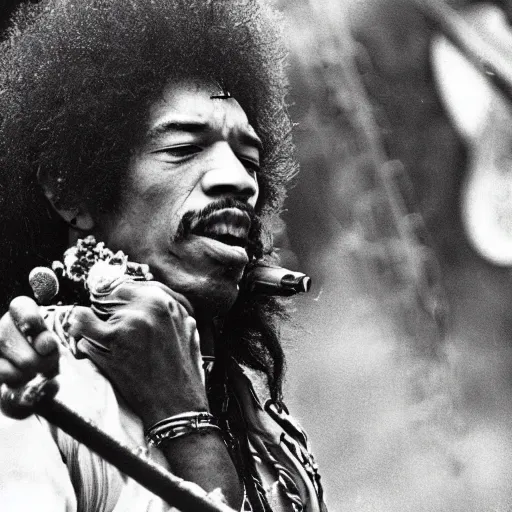 Image similar to HD digital photograph of Jimi Hendrix at Woodstock, ultra realistic, powerful, iconic, love peace and unity, hippy, flower power