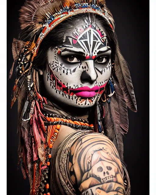 Prompt: photorealistic head and shoulders photo of beautiful female ornate fantasy indian tribal aztec warrior goddess, confident, minimal black skull warpaint, tattoos, Neil Blevins, James Paick, Natasha Tan Maciej Kuciara, Frank frazetta, arney freytag, Ritu Kumar, Sabyasachi Mukherjee, Annie Leibowitz, Magic the gathering,octane, bokeh, 8k, fashion pose, cinematic, National Geographic photo shoot, 28mm