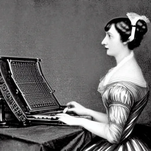Prompt: Ada Lovelace coding on a quantum computer, digital photograph