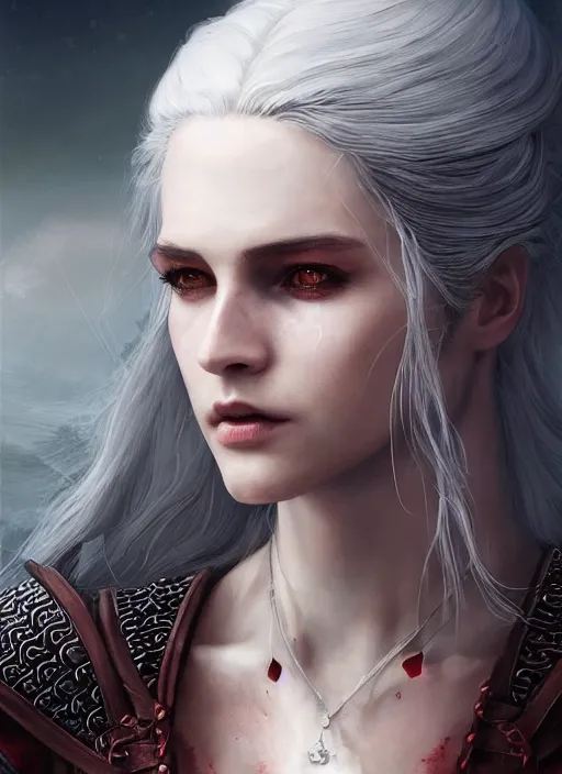 Prompt: witcher girl, eyeshadow, fine art, awesome, award winning, hyperrealistic symmetrical hyperdetailed dark fantasy landscape, fantasy magic, white skin beauty beauty red long hair windy intricate, elegant, sharp focus, cinematic lighting, highly detailed, digital painting, concept art, art by wlop and artgerm and greg rutkowski, masterpiece, trending on artstation, 8 k