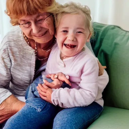 Image similar to An elderly lady has her little 3-year-old baby girl sitting on her lap. They are both happy.