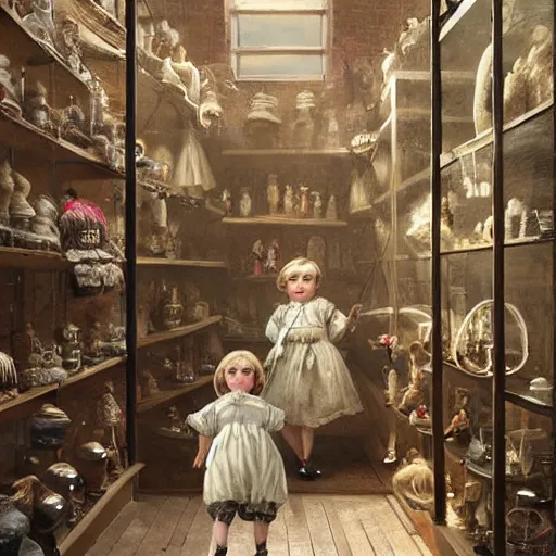 Image similar to human child standing in a victorian doll maker's shop looking at all of the dolls, high detail, digital art, painted by greg rutkowski, painted by seb mckinnon, trending on artstation