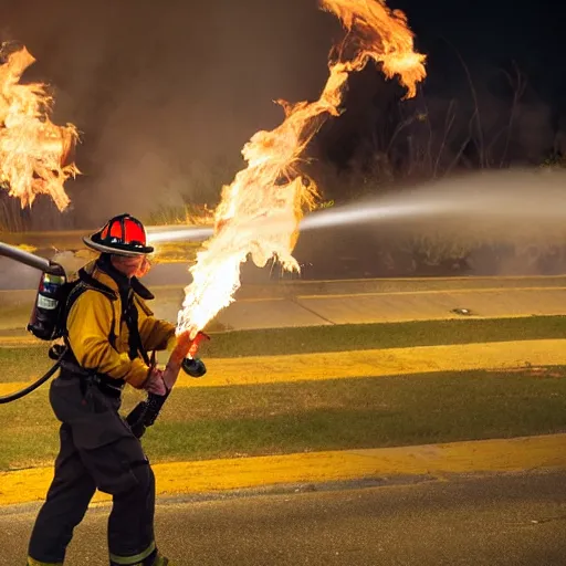 Image similar to photo of a firefighter using a flamethrower projecting a long flame. highly-detailed